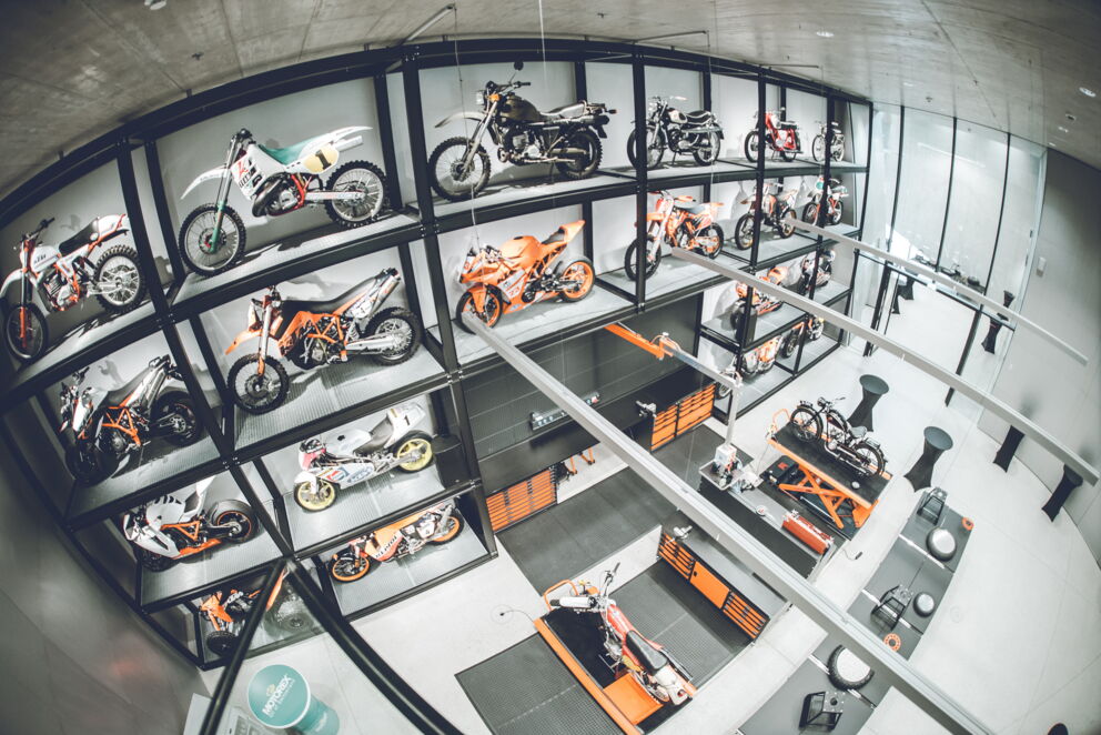 Vintage KTM motorcycles on display in the KTM Motohall