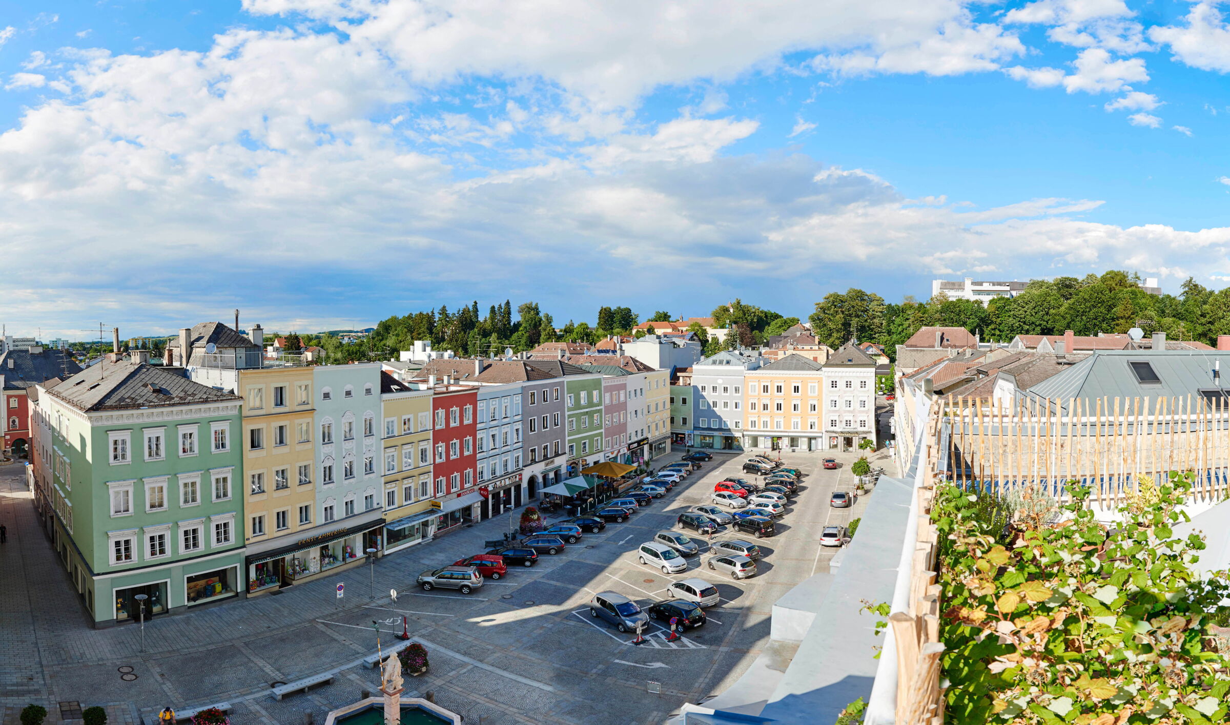 Panoramic view of colorful house facades in Ried